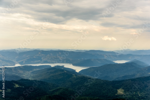 Aerial view of mountains from summit in Izvorul Muntelui Lake