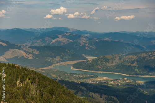 Aerial view of mountains from summit in Izvorul Muntelui Lake