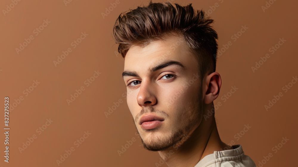 Stylish young man with a fresh haircut poses for a close-up photo with a brown backdrop. Stylish young man with a fresh haircut poses for a close-up photo with a brown backdrop.