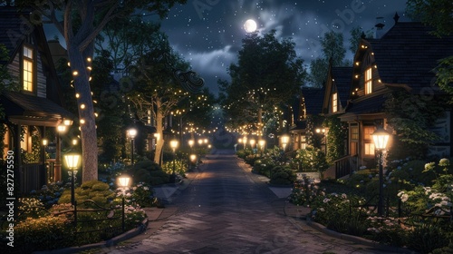 Quiet village roads illuminated by street lamps, creating a serene and inviting atmosphere for residents