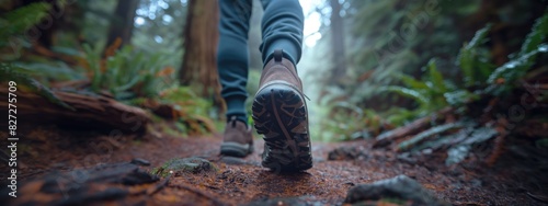 Close-up of a tourist's shoes walking along a forest path. The trail is framed by tall trees with thick trunks and abundant foliage.