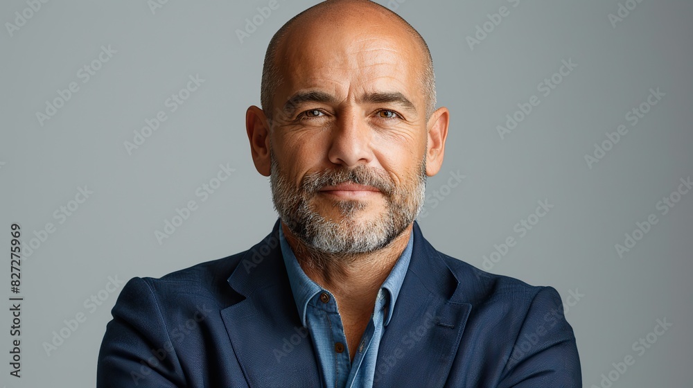 portrait of a cheerful bald businessman a confident guy designer is dressed in a navy blue suit he is opposing you isolated against a white background portrait of a cheerful bald businessman a confident guy designer is dressed in a navy blue suit he is opposing you isolated against a white background