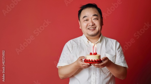 A man joyfully holds a small birthday cake with a candle in it