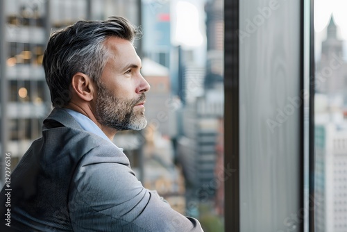 Business executive contemplating over city skyline view, thoughtful and strategic, Editorial Photography style, realistic photography empowering and vibrant, feeling success