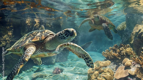 Giant sea turtles gracefully float in crystal-clear waters against coral cliffs, creating a mesmerizing scene.