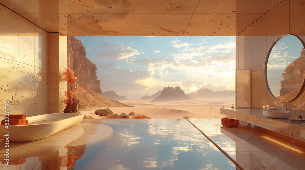 Fototapeta premium Bathroom in a luxurious house, dry earth outside, Generative AI,豪華な家のバスルーム、外はカラカラに乾いた大地、Generative AI、