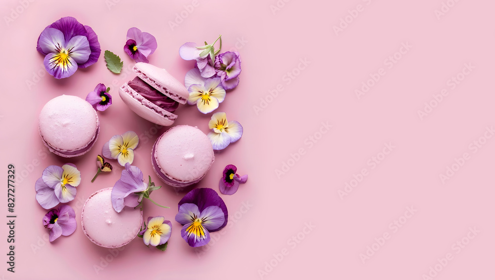 Banner with pink macarons and pansy flowers on a pink background. Top of view, generation ai