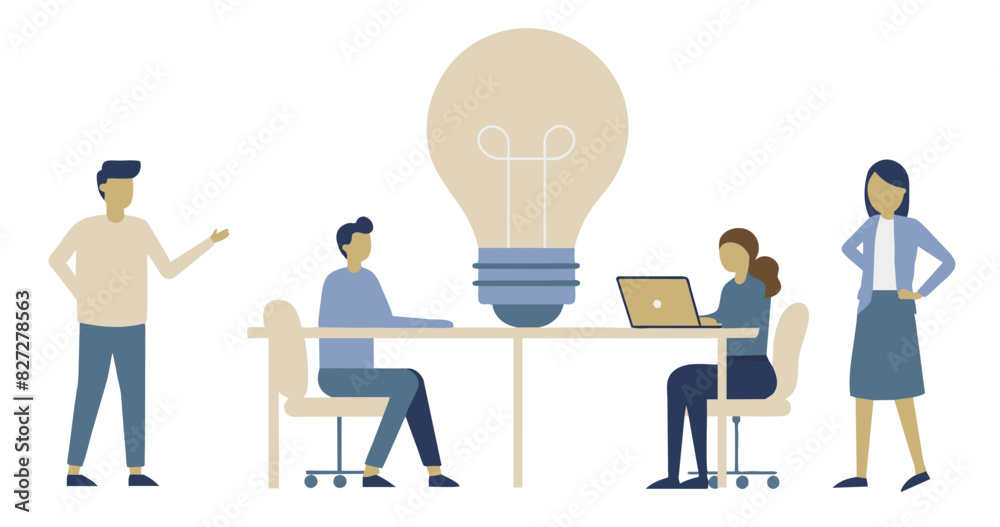 Illustrated scene of a diverse team collaborating around a table in a flat-style office setting, with a large light bulb symbolizing ideas and innovation during their business meeting