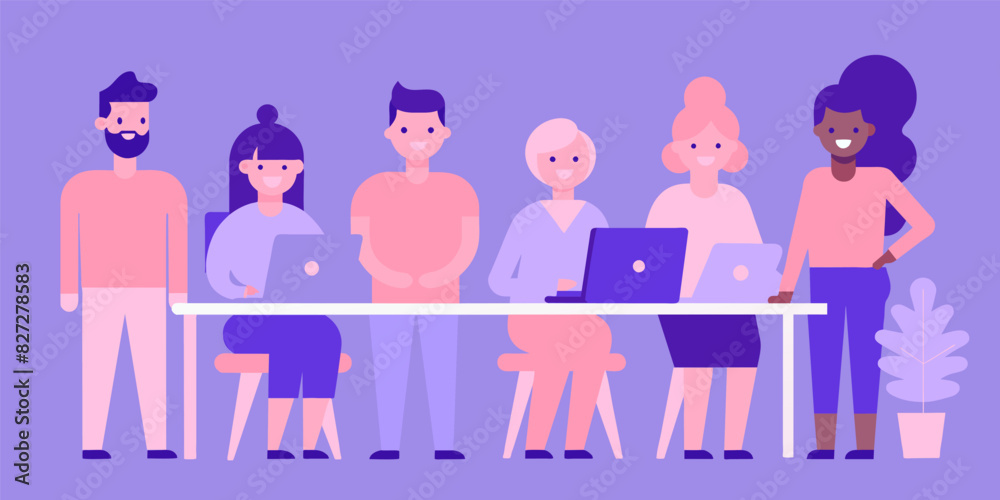 Illustration showing a group of diverse characters in a contemporary office setting, working together with laptops at a shared desk, promoting teamwork and collaboration Illustration showing a group of diverse characters in a contemporary office setting, working together with laptops at a shared desk, promoting teamwork and collaboration