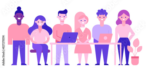 Illustration showcasing a vibrant group of six diverse professionals collaborating at a shared desk with laptops in a sleek, contemporary office setting, symbolizing teamwork and inclusivity