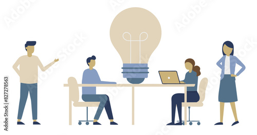 Illustrated scene of a diverse team collaborating around a table in a flat-style office setting, with a large light bulb symbolizing ideas and innovation during their business meeting