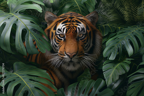 Bengal Tiger Peering Through Large Green Leaves in a Dense Jungle Setting