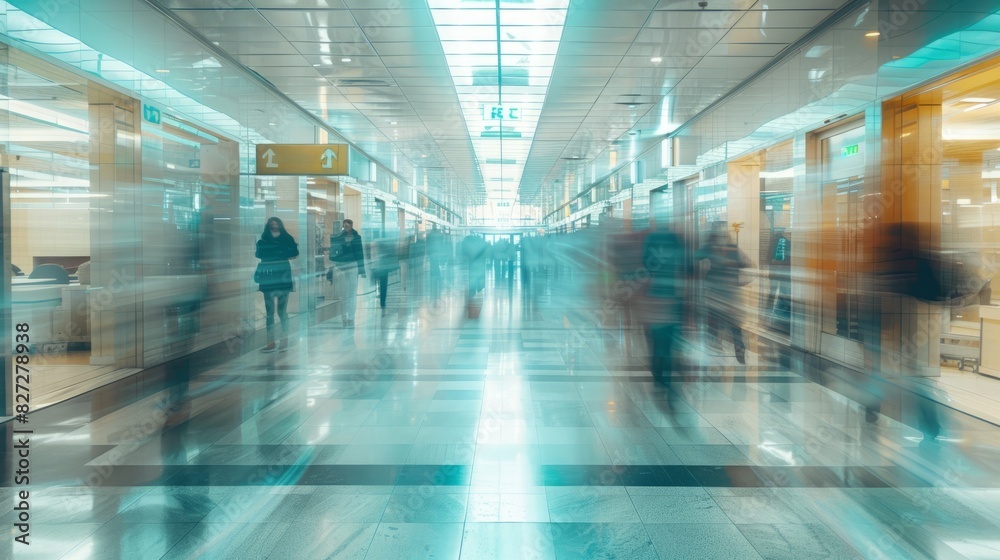 Long exposure of bustling hospital corridor with blurred movement. Long exposure of bustling hospital corridor with blurred movement.