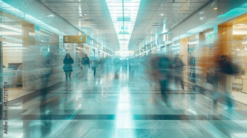 Long exposure of bustling hospital corridor with blurred movement.
