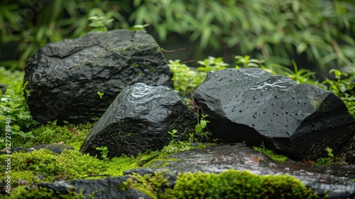 Rocks in the yard on a rainy morning with green moss due to heavy rainfall and humidity photo