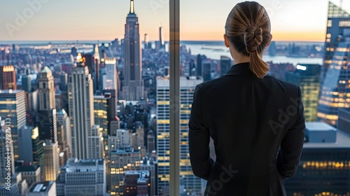 A businesswoman in a suit looking out of an office window at the city skyline during sunset, reflecting on opportunities and growth.