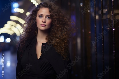 a beautiful woman with long curly hair in a black fashionable dress on a bokeh background. hair style and fashionable makeup, the lifestyle concept of shampoo for curls, hair care with copy space.