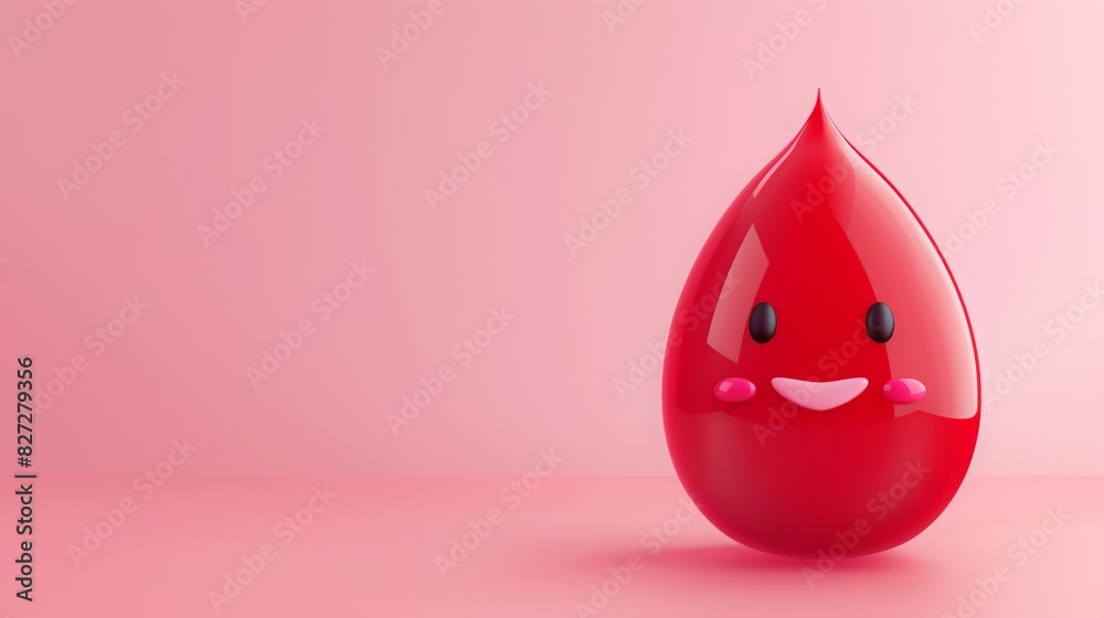 Obraz premium 3D cartoon red drop of liquid with a smiling face, medical attention and care for people, with a light pink background color