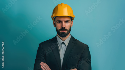 Portrait of Engineer male Hispanic Latin wearing a hard hat and suit smart looking camera studio shot