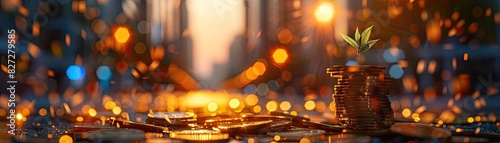 Close-up of coins and a plant sprouting from them, symbolizing financial growth and investment success amidst a blurred urban street light background.