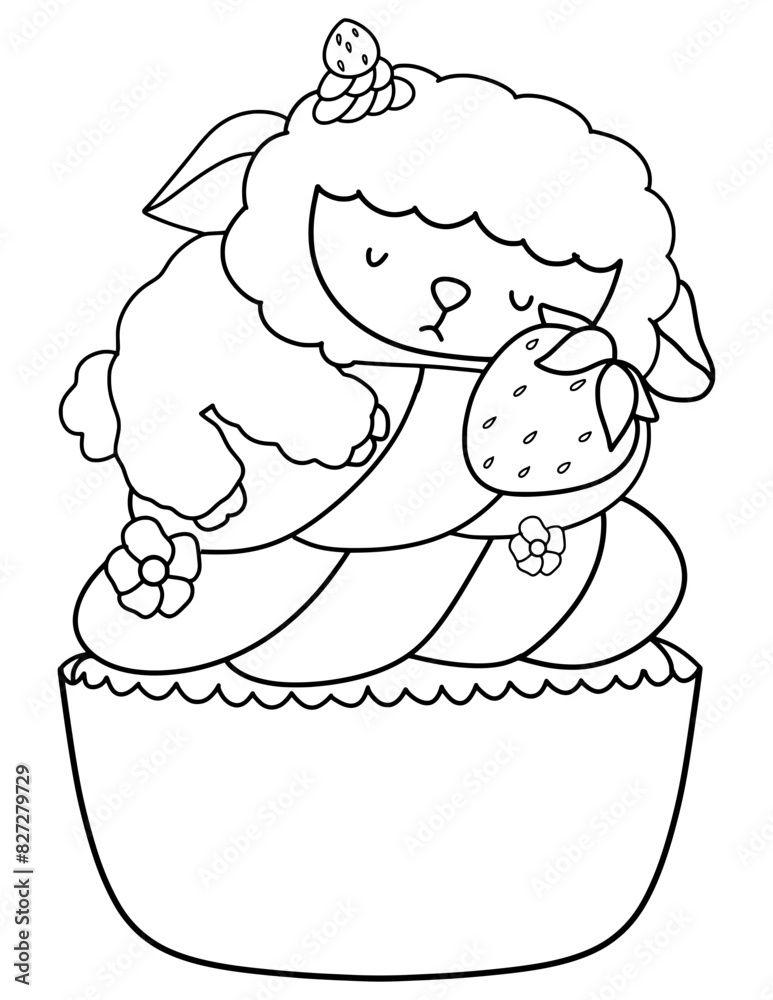 Fototapeta premium Animals sleeping on cupcake line art