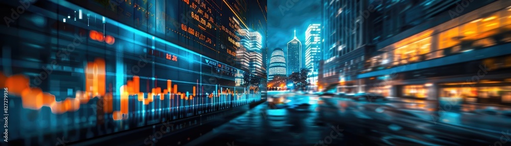 A vibrant cityscape at night showcasing fast-moving lights and a digital stock market chart overlay, illustrating technology and finance. A vibrant cityscape at night showcasing fast-moving lights and a digital stock market chart overlay, illustrating technology and finance.