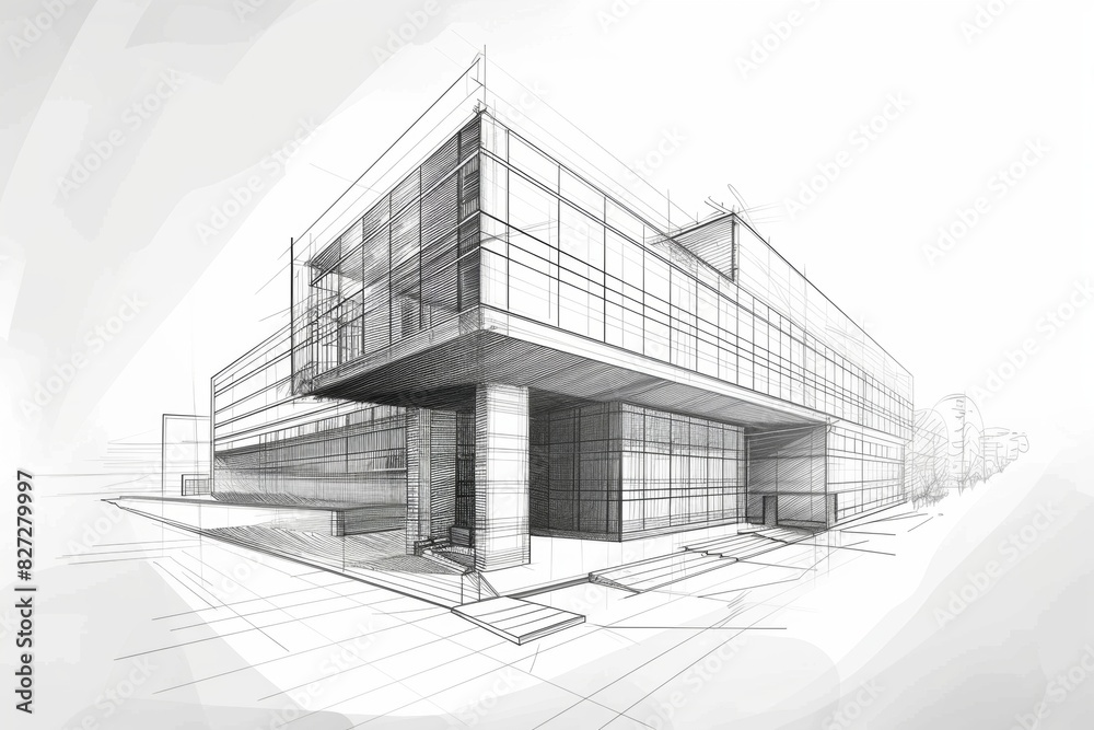 architectural drawing of modern building, detailed sketch lines architectural drawing of modern building, detailed sketch lines