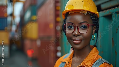 young african american woman worker at overseas shipping container yard logistics supply chain management and international goods export concept