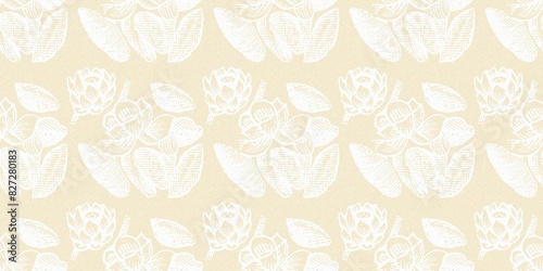 Modern white on cream lace effect wedding border texture. Soft tonal linen openwork block print with subtle hand drawn lattice damask printed fabric banner edge trim.