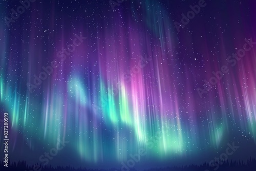 Aurora Borealis, Aurora lights in the night sky, in a purple green blue gradient with stars in the background