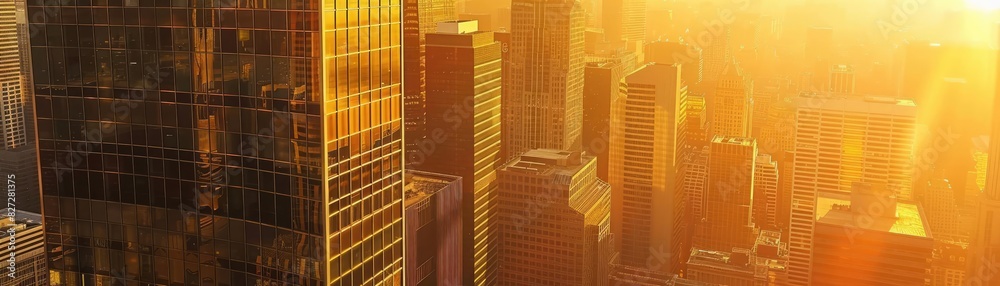 Stunning aerial view of modern skyscrapers bathed in golden sunlight during sunset in a bustling urban cityscape. Stunning aerial view of modern skyscrapers bathed in golden sunlight during sunset in a bustling urban cityscape.