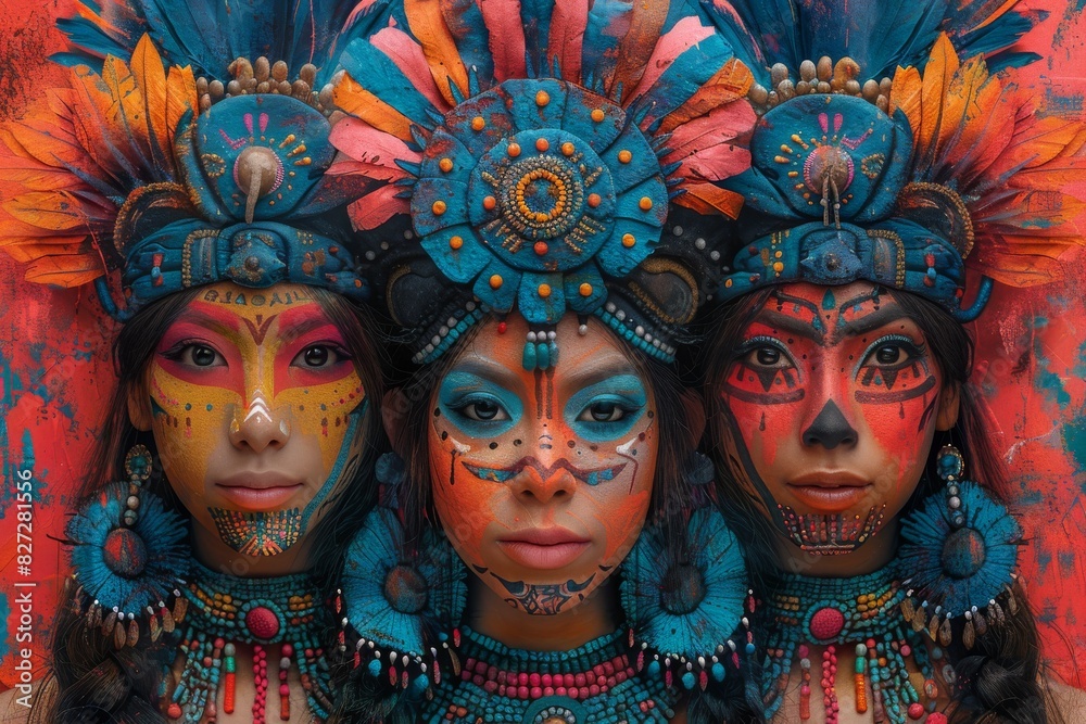 drawing and painting artistry, abstract composition emerges, portraying group of Asian women clad in blend of traditional American Indian and Asian Chinese clothing on vintage canvas.