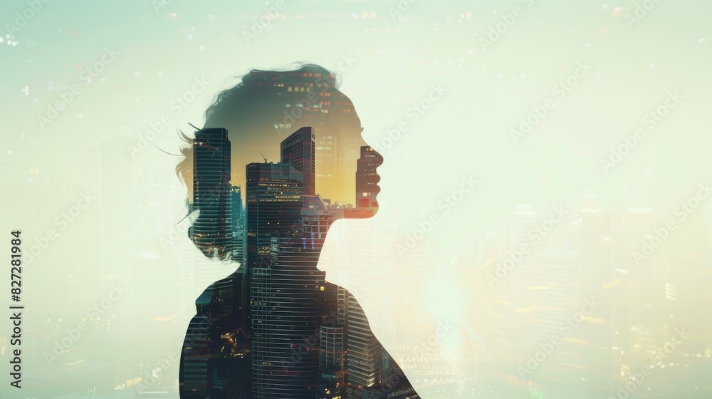 Woman blended with towering buildings in an urban setting.Creating a harmonious fusion of natural light and modern architecture Woman blended with towering buildings in an urban setting.Creating a harmonious fusion of natural light and modern architecture