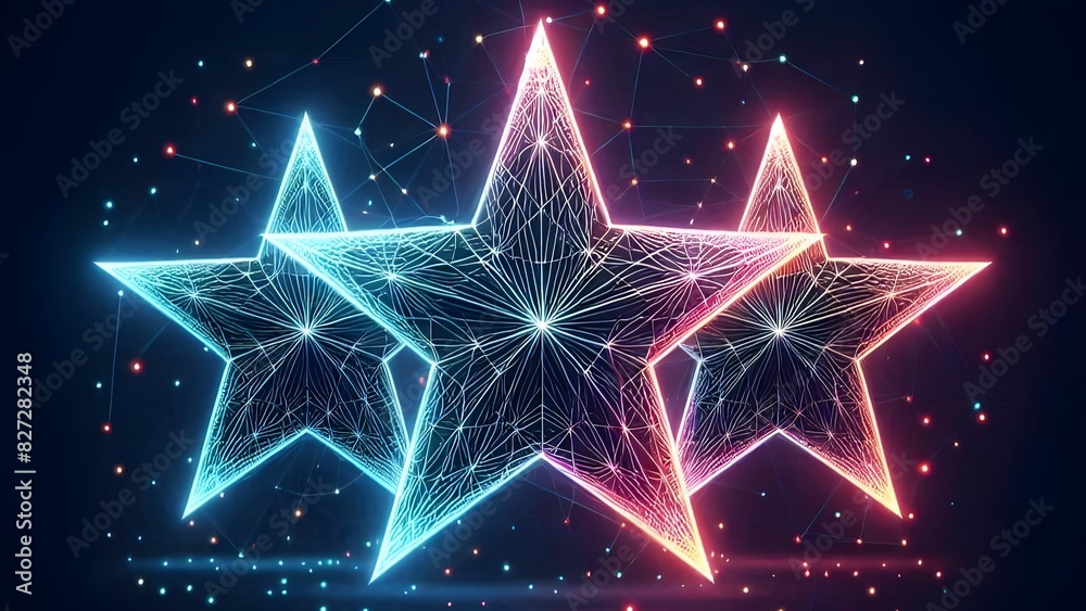 3D 3 stars with neon red and blue colors in an abstract space 3D 3 stars with neon red and blue colors in an abstract space