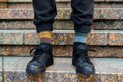Legs with black pants, different pairs of socks, and black sneakers on stairs