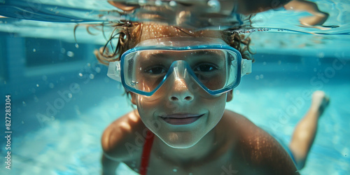 Happy young boy swimming underwater in a pool, wearing blue goggles and smiling. The image captures the joy and excitement of a child enjoying underwater activities and swimming fun.