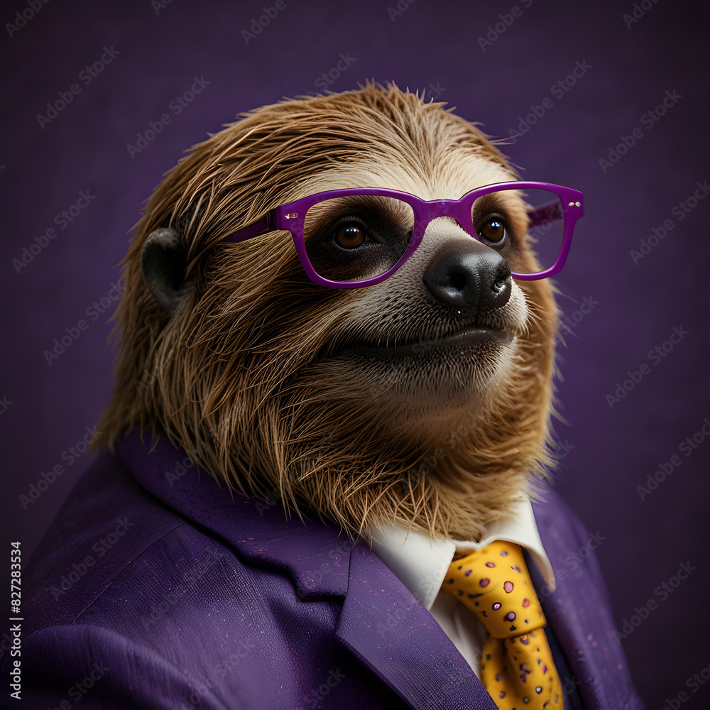 Fototapeta premium a sloth, a surprisingly stylish businessman. The sloth, looking dapper in a yellow suit and violet horn-rimmed glasses