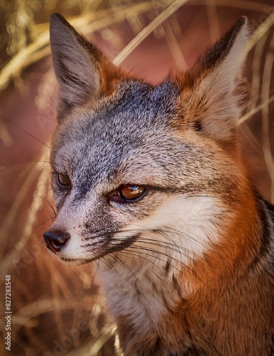Fox staring over some dry grass in the sun © Wirestock