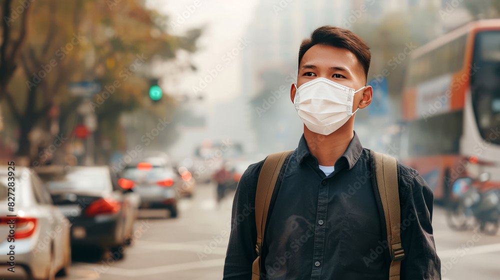 Young man wearing a protective face mask standing on a busy urban street, looking concerned. Background features blurred traffic and cityscape, emphasizing air pollution and public health awareness.