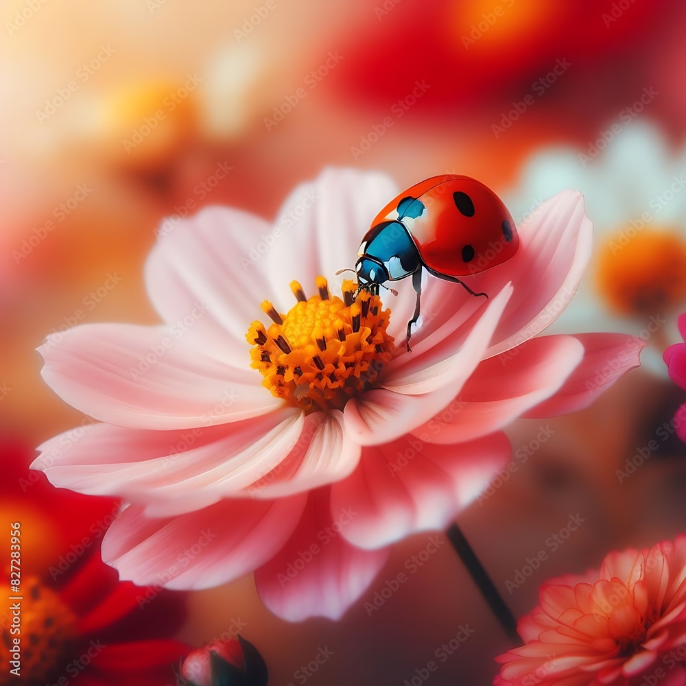 Ladybug on Beautiful Pink Flower, Blurred Nature Background Ladybug on Beautiful Pink Flower, Blurred Nature Background