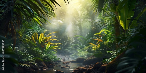 Digital image of light beams shining through trees in a dark rainforest