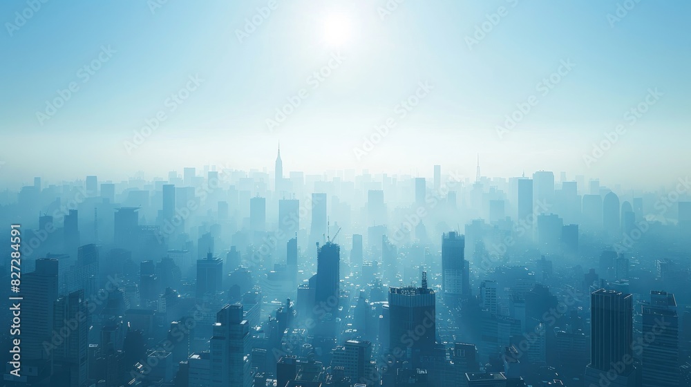 City skyline with severe haze and reduced visibility, illustrating the impact of urban pollution on public health and environment. City skyline with severe haze and reduced visibility, illustrating the impact of urban pollution on public health and environment.