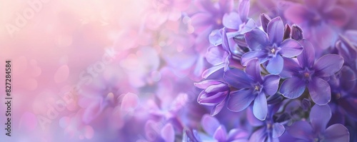 Beautiful purple spring flowers on blurred pastel background with copy space.