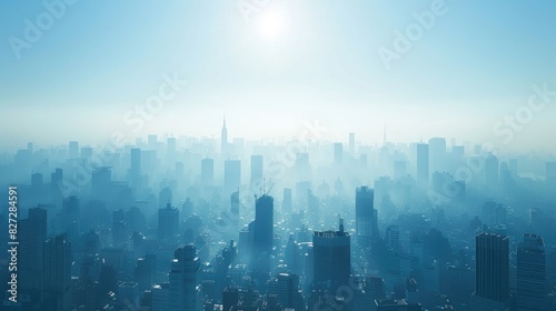 City skyline with severe haze and reduced visibility  illustrating the impact of urban pollution on public health and environment.