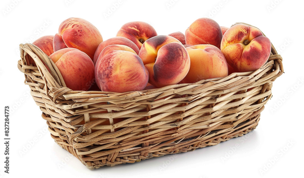 A close-up shot of a rustic wicker basket filled with plump, ripe peaches, their blush pink hues contrasting beautifully against the pristine white backdrop. A close-up shot of a rustic wicker basket filled with plump, ripe peaches, their blush pink hues contrasting beautifully against the pristine white backdrop.