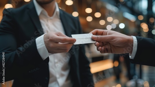 Businessperson networking at a corporate event, exchanging business cards