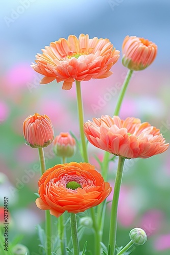 Orange flowers in field with soft focus background, ideal for stock photo collection