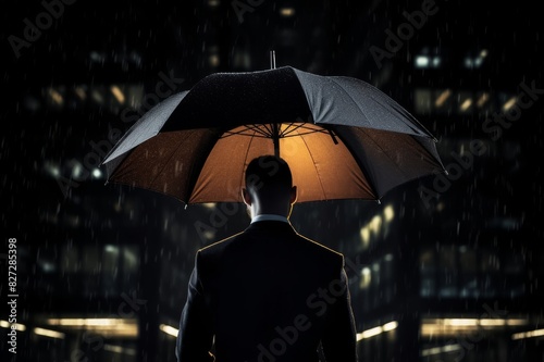 back of a businessman under umbrella