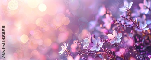 Beautiful purple spring flowers on blurred pastel background with copy space.