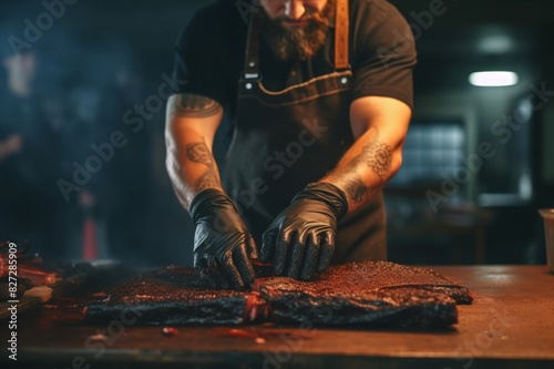 bbq chef cuts deliciously tender smoked brisket slices